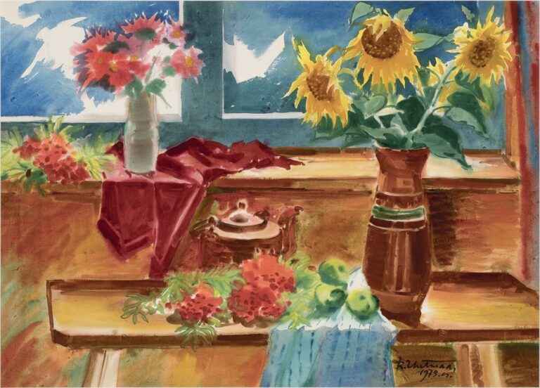 Päevalilled, pihlakad ja punane linik